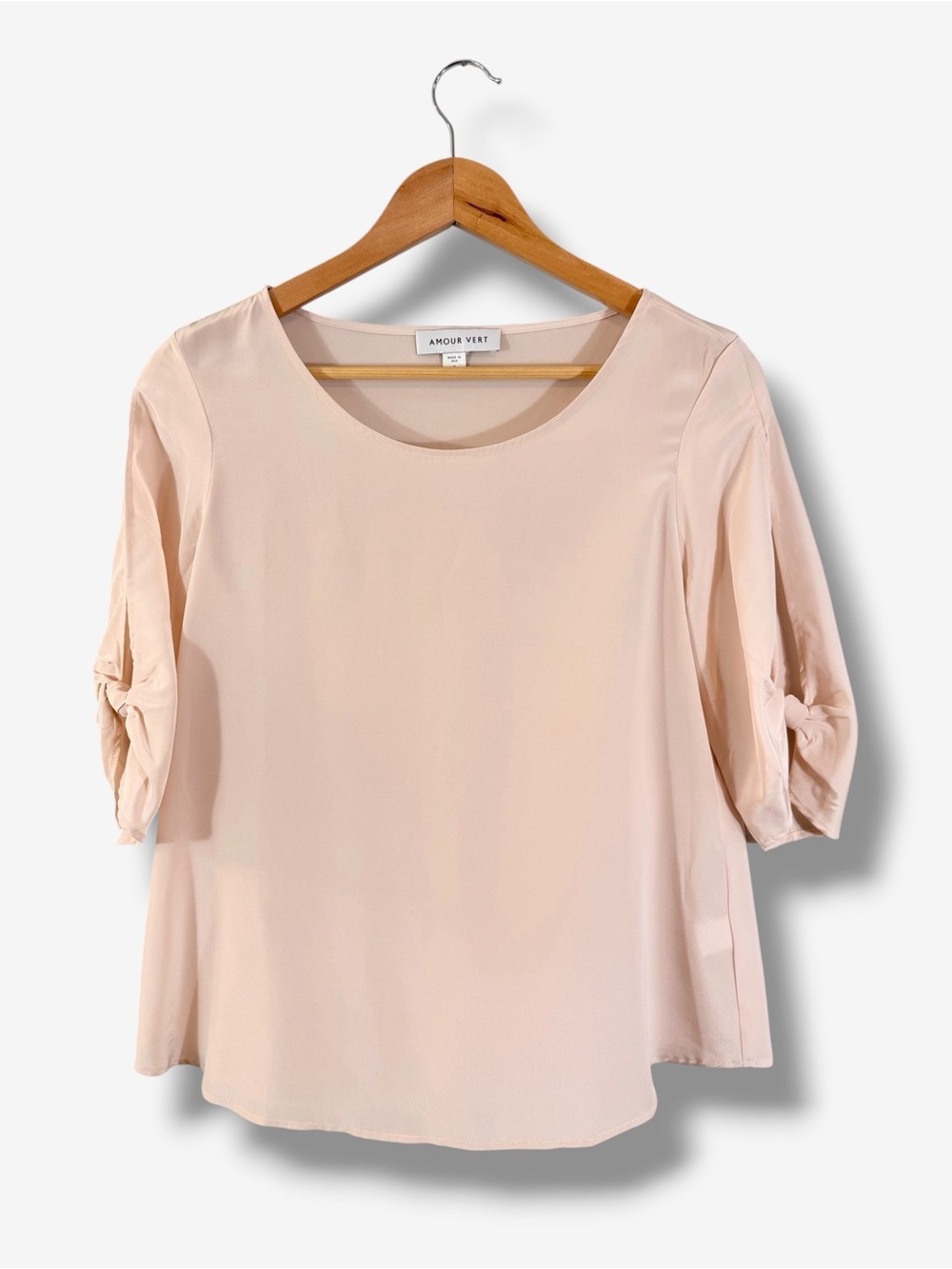 Amour Vert Blush Pink Silk Blouse Size S Slit Cutout Tie Sleeve Casual Office